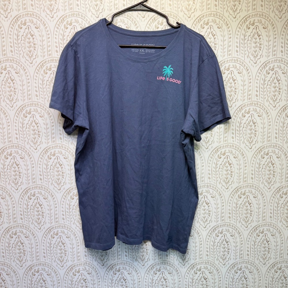 Life is Good Crusher Tee Womens XXL Blue Palm Tree Sunset Graphic Cotton T-Shirt